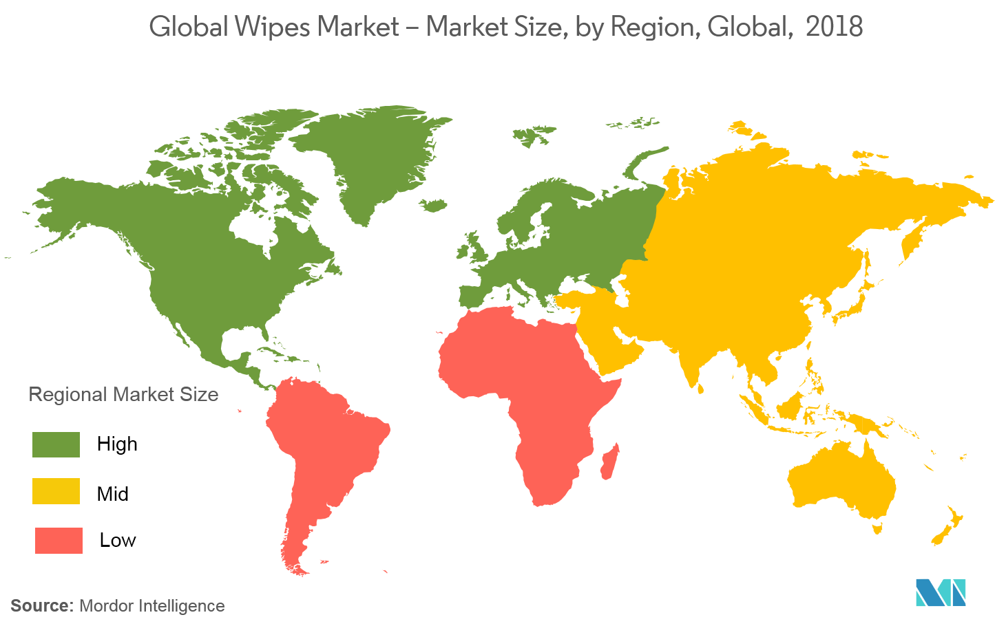 Mercado mundial de toallitas tamaño del mercado, por región, global, 2018